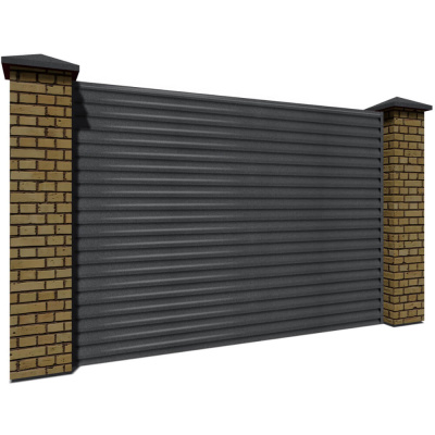 Секция забора жалюзи из ламелей еврожалюзи RAL7024 Серый Графит Стальной Бархат с кирпичными столбами